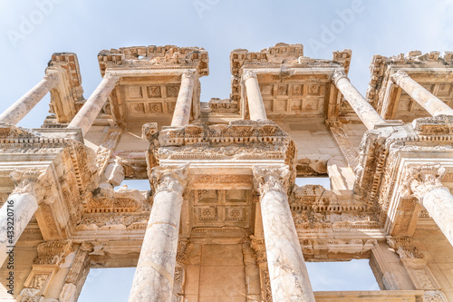 Celsus Library in Ephesus in Selcuk (Izmir), Turkey. Marble statue is Sophia, Goddess of Wisdom, at the Celcus Library at Ephesus, Turkey. The ruins of the ancient antique city.