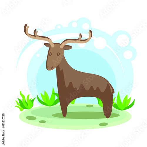 Cartoon brown deer. Wild forest and tundra animal. Stylized character in the location. Glade with plants and sky. simplified style. Vector stock illustration. educational card for children. wildlife
 photo