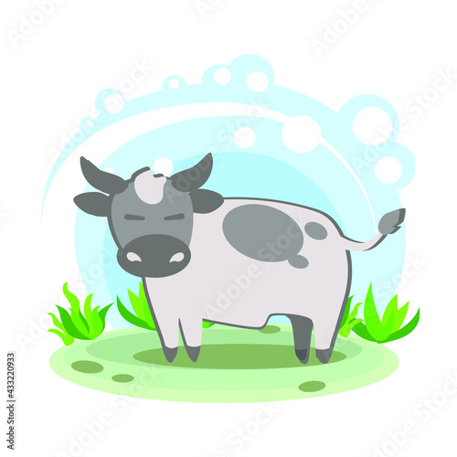 Bull. Cartoon children s style. Character in location. Glade with plants and sky. simplified style. Vector stock illustration. domestic agricultural farm animal. educational card for children 