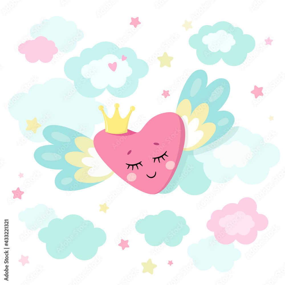 Cute magical heart with wings and crown in little princess theme. Vector hand drawn illustration. Great for kids party, greeting cards, invitation, print for apparel