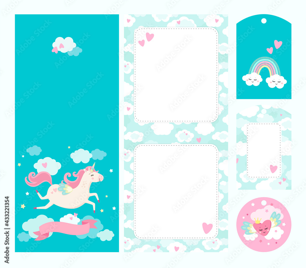 Unicorn theme. 2-sided greeting or invitation card template with gift tags  and flower card. Funy and cute. Suitable for birthday card, baby shower card.  Colorful, ready for print. Stock Vector | Adobe