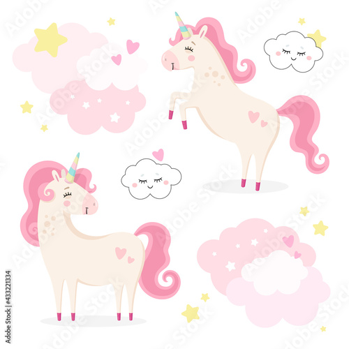 Set of cute magical unicorns. Little princess theme. Vector hand drawn illustration. Beautiful fantasy cartoon animals. Great for kids party, greeting card, invitation, print for apparel, nursery room