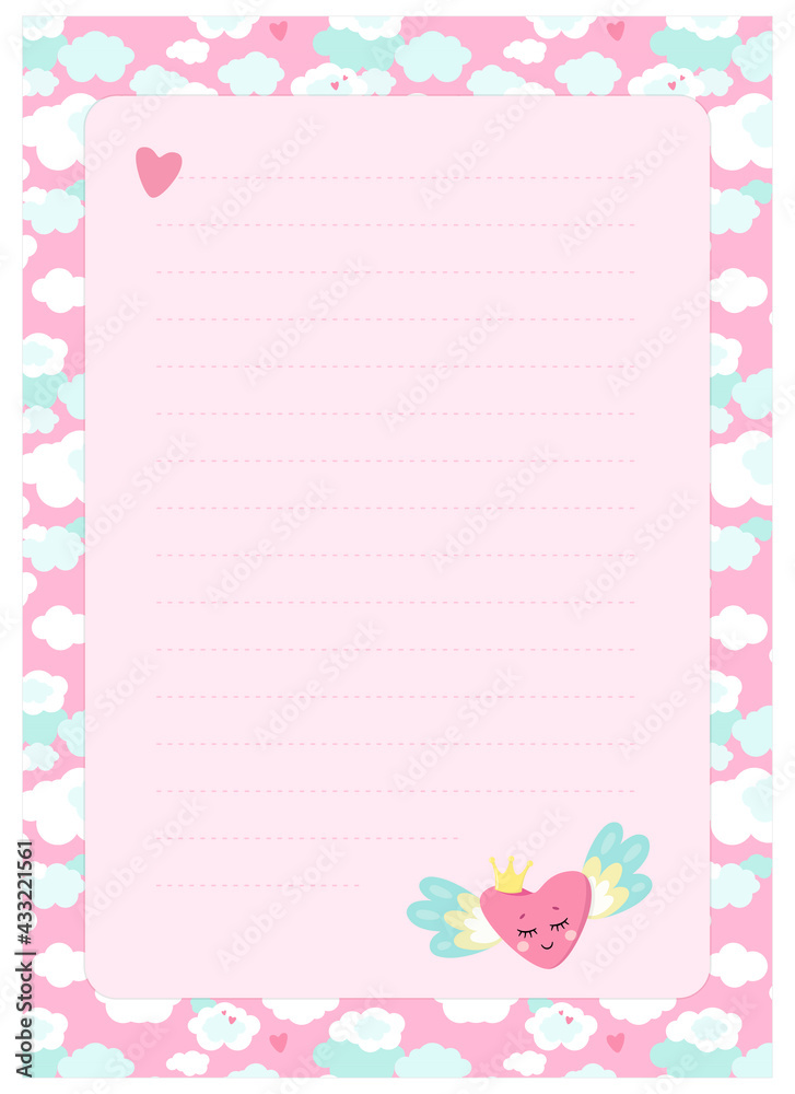 Letter, blank, wish list, page for notes in childish style in unicorn theme. Vector template suitable for to do list, party invitation and cute letter for postcrossing. 