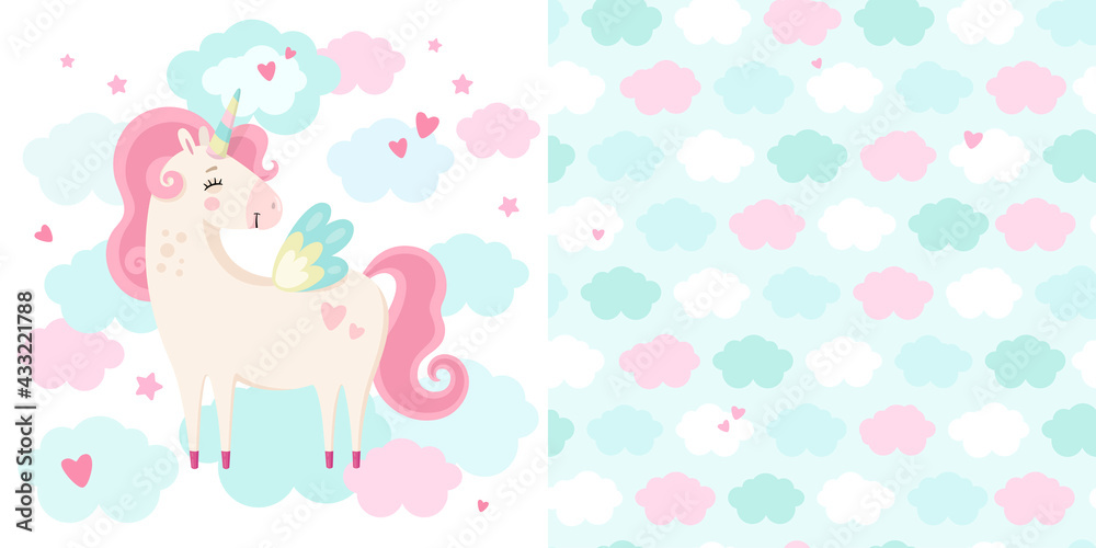 Set of cute magical unicorn and seamless pattern. Little princess theme. Vector hand drawn illustration. Great for kids party, greeting card, invitation, print for apparel, nursery room, wallpaper 