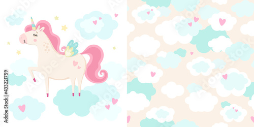 Set of cute magical unicorn and seamless pattern. Little princess theme. Vector hand drawn illustration. Great for kids party, greeting card, invitation, print for apparel, nursery room, wallpaper  photo