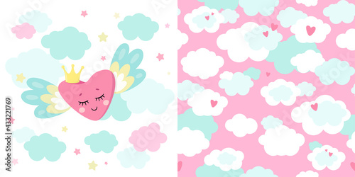 Set of cute magical unicorn and seamless pattern. Little princess theme. Vector hand drawn illustration. Great for kids party, greeting card, invitation, print for apparel, nursery room, wallpaper 