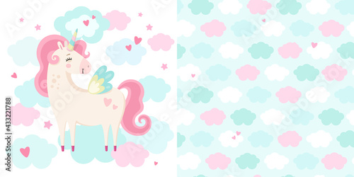 Set of cute magical unicorn and seamless pattern. Little princess theme. Vector hand drawn illustration. Great for kids party, greeting card, invitation, print for apparel, nursery room, wallpaper 