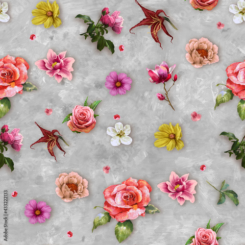 Watercolor painting of leaf and flowers  seamless pattern background
