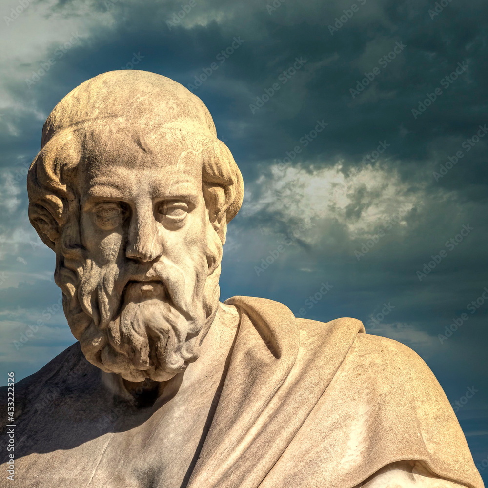 Plato, the ancient Greek philosopher and thinker under dramatic sky, Athens Greece Plato, the ancient Greek philosopher and thinker under dramatic sky, Athens Greece
