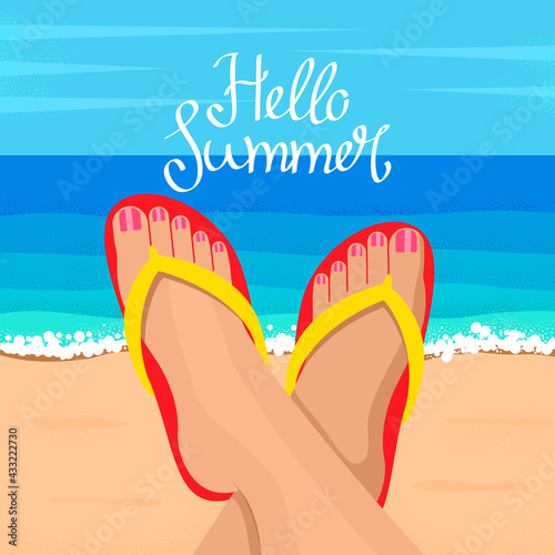 Feet of a young woman on the background of the ocean with hand-written Hello Summer