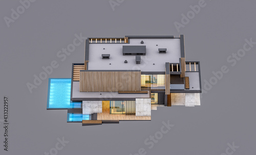 3d rendering of modern cozy house with parking and pool for sale or rent with wood plank facade in evening. Isolated on gray
