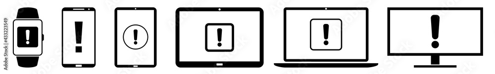 Display exclamation, mark, attention, caution, careful, danger, symbol Icon Devices Set | Web Screen Device Online | Laptop Vector Illustration | Mobile Phone | PC Computer Tablet Sign Isolated Display exclamation, mark, attention, caution, careful, danger, symbol Icon Devices Set | Web Screen Device Online | Laptop Vector Illustration | Mobile Phone | PC Computer Tablet Sign Isolated