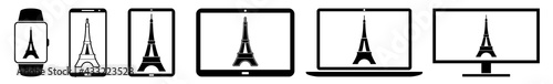 Display eiffel, tower, eifel, logo, paris, france, french Icon Devices Set | Web Screen Device Online | Laptop Vector Illustration | Mobile Phone | PC Computer Smartphone Tablet Sign Isolated
