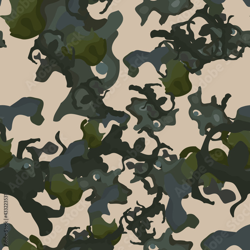 Urban camouflage of various shades of green, blue and beige colors