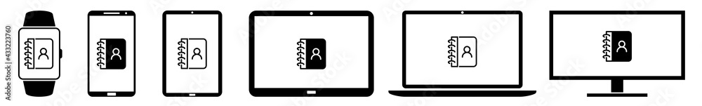 Display Calendar, Address, Book, Directory, List, Contact Icon Devices Set | Web Screen Notebook, Organiser, Diary Digital Device Online | Laptop Vector | Mobile Phone | PC Computer Tablet Isolated