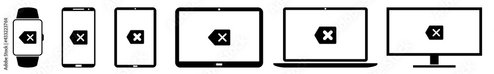 Fototapeta premium Display Cancel, Delete, Arrow, Remove, Text, Back Icon Devices Set | Web Screen Device Online | Laptop Vector Illustration | Mobile Phone | PC Computer Smartphone Tablet Sign Isolated