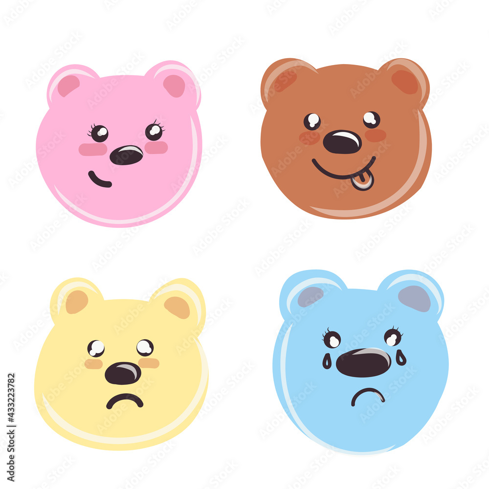 Set of cute cartoon bears. Vector little bear heads. Print Design. Cute Set Animals, Hand Drawn Cute Bear and Panda