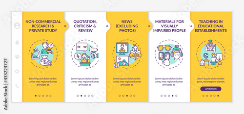 Special cases to copyright onboarding vector template. Responsive mobile website with icons. Web page walkthrough 5 step screens. Non-commercial research, news color concept with linear illustrations