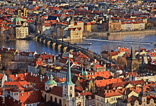 View of Charles' Bridge and Vltava river from the South Tower of St Vitus Cathedral, Prague Castle, Prague, Czech Republic .