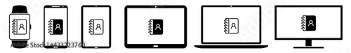 Display Calendar, Address, Book, Directory, List, Contact Icon Devices Set | Web Screen Notebook, Organiser, Diary Digital Device Online | Laptop Vector | Mobile Phone | PC Computer Tablet Isolated