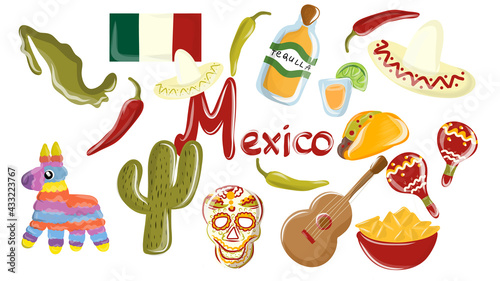 Big vector set of mexico elements, skeleton characters, animals in flat hand drawn style isolated on white background. Mexico with traditional symbols and decorative elements.