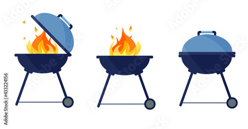 barbecue logo, vector illustration of the design on an isolated flat screen.A method of cooking food (most often meat, sausage products) on a fire of smoldering coals (initially), burning gas or an el