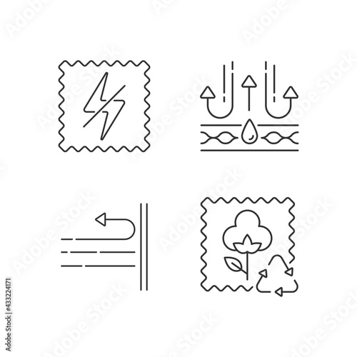 Different fabric features linear icons set. Antistatic, membrane and windproof fiber. Recycled cotton. Customizable thin line contour symbols. Isolated vector outline illustrations. Editable stroke