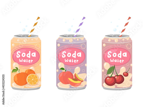 Various tasty Soda beverages set. Drinks in aluminum Cans. Carbonated water with different fruit flavors. Kawaii asian style. Trendy illustration.