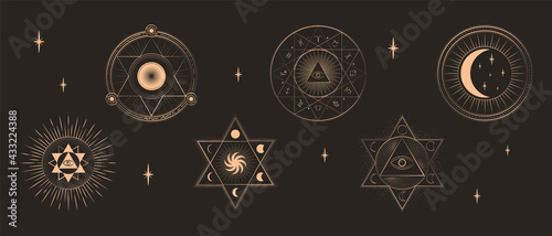 Collection of Mystical and Astrology objects. Gold circles with Sun, Moon and spiritual eye, triangle, pentagram star, pyramid and ankh ornaments