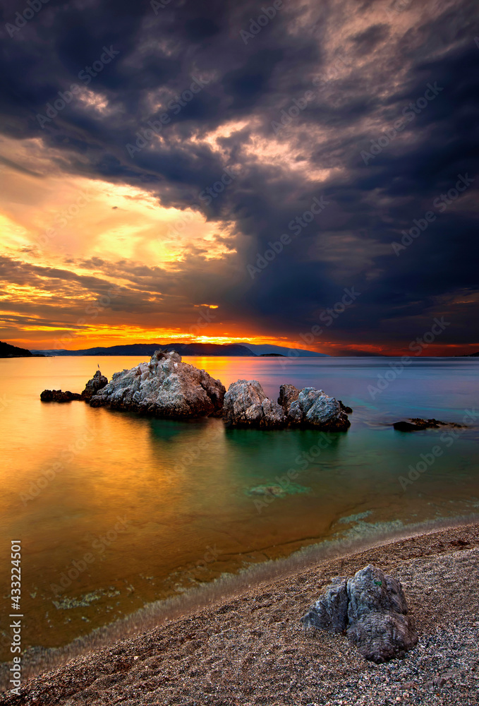 Sunset at Milia beach, Skopelos island, Northern Sporades, Magnessia, Thessaly, Greece.