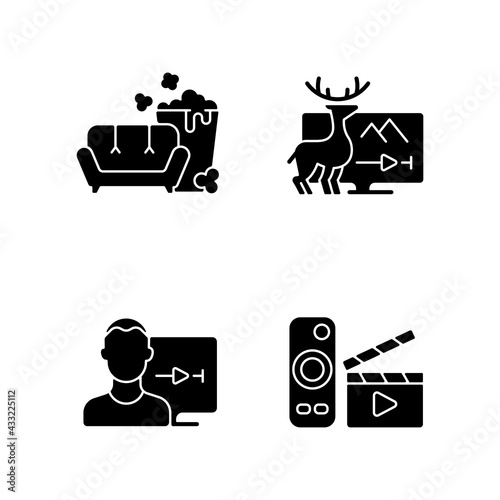 Broadcasting services black glyph icons set on white space. TV series, documentaries, movies streaming. User account. Watching TV with popcorn bucket. Silhouette symbols. Vector isolated illustration