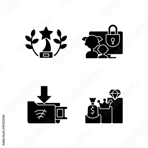 Broadcast services black glyph icons set on white space. Award-winning content. Parental control. Offline downloads. Annual, monthly subscriptions. Silhouette symbols. Vector isolated illustration
