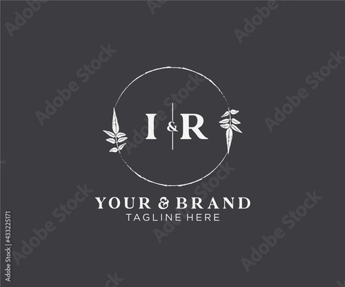 initial IR letters floral frames. Botanical feminine editable premade monoline unique decoration for greeting card, wedding invitation.