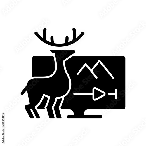 Documentaries streaming black glyph icon. Nonfiction filmmaking. True-crime series. Video streaming service. Fact-checked shows. Silhouette symbol on white space. Vector isolated illustration