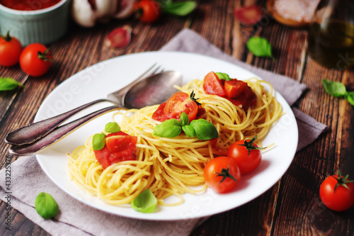 Italian pasta spaghetti with basil and cherry tomatoes