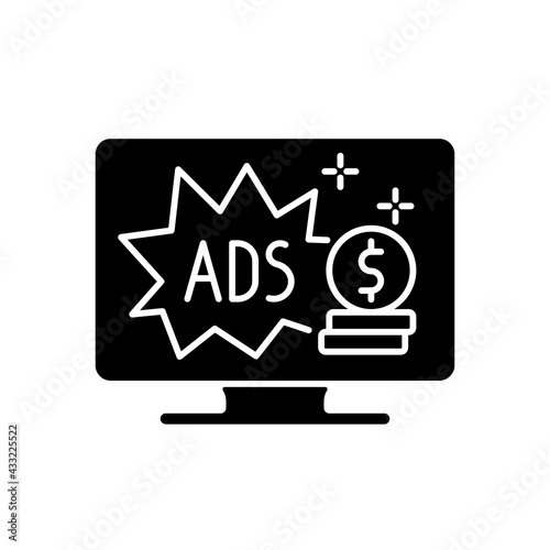 Ad-supported subscription plan black glyph icon. Watching TV with commercials. Cheap alternative. Showing viewers advertisements. Silhouette symbol on white space. Vector isolated illustration