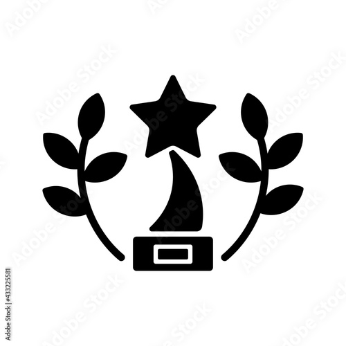 Award-winning content black glyph icon. Award-winning movies on video streaming platform. Nominated films for best picture. Silhouette symbol on white space. Vector isolated illustration