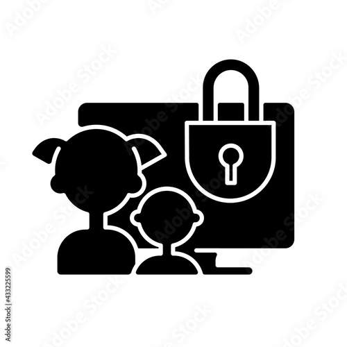 Parental control black glyph icon. Purchase restrictions for children. Kids profiles. Prevention from watching age-inappropriate content. Silhouette symbol on white space. Vector isolated illustration