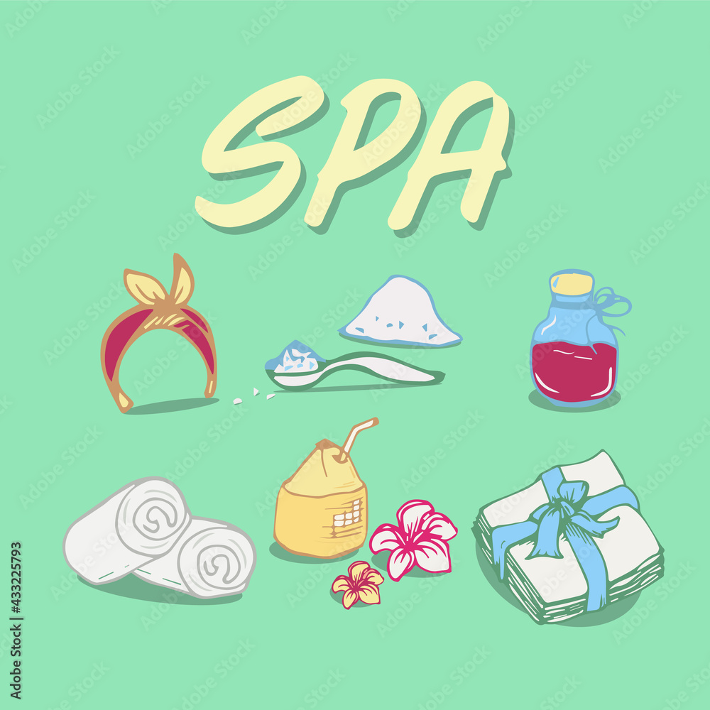 Health Self Care. Beauty routine. Recreation, self care, relax, rest. Bathroom, shower. Flat hand drawn illustration, set Stickers Home SPA in doodle style. Beauty Treatment, Spa Essentials