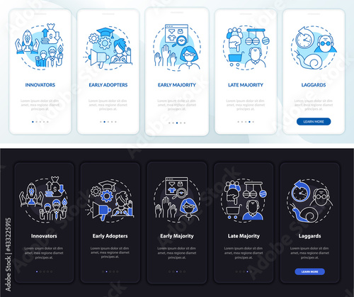 Product acceptors onboarding mobile app page screen with concepts. Majority walkthrough 5 steps graphic instructions. UI, UX, GUI vector template with linear night and day mode illustrations