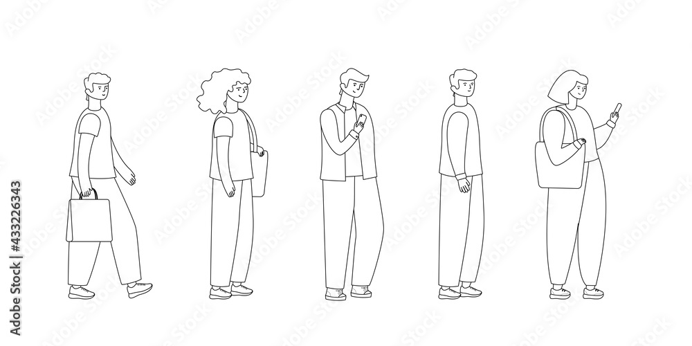 Full length of cartoon people standing in line against outline Full length of cartoon people standing in line against outline