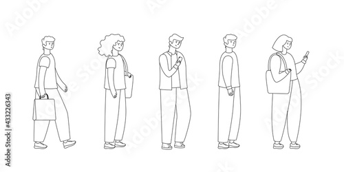 Full length of cartoon people standing in line against outline
