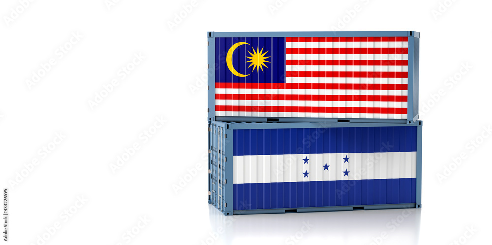 Obraz premium Two freight container with Honduras and Malaysia flag. Copy space on the left side - 3D Rendering