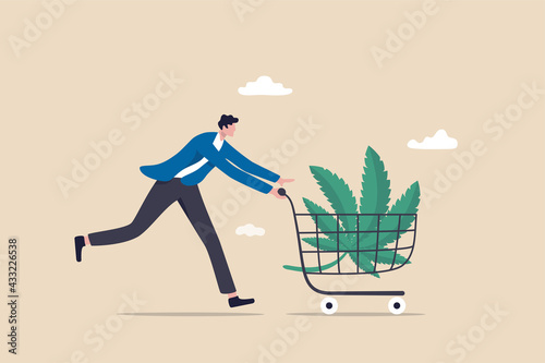 Purchasing cannabis CBD or buying marijuana for medical concept, happy patient man pushing shopping cart with cannabis leaf.