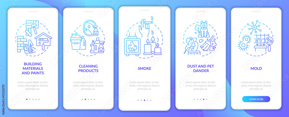 Domestic air pollution onboarding mobile app page screen with concepts. Cleaners, mold, dust walkthrough 5 steps graphic instructions. UI, UX, GUI vector template with linear color illustrations