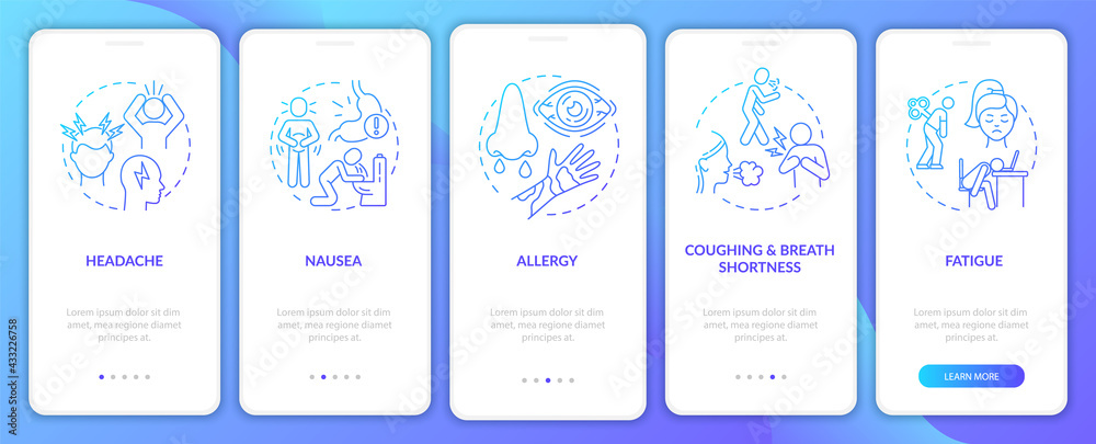 Air pollution infection marks onboarding mobile app page screen with concepts. Coughing, fatigue walkthrough 5 steps graphic instructions. UI, UX, GUI vector template with linear color illustrations