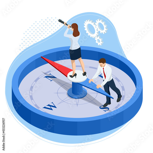 Isometric define marketing direction and search customer global network. Business people using compass for navigation and orientation in business. Business success concept