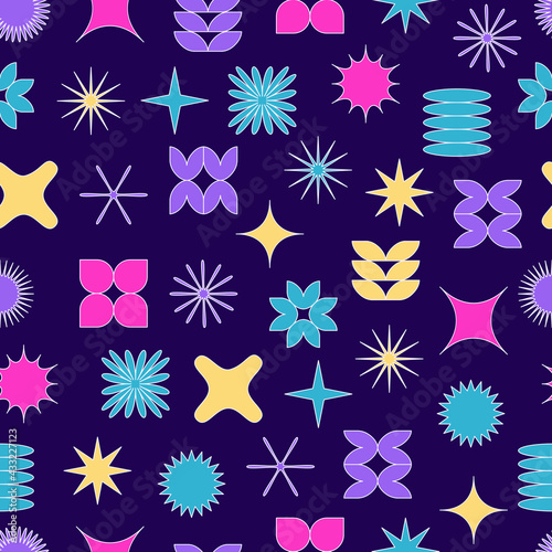 Vector seamless pattern with abstract colorful minimalistic patchwork geometric elements. Contemporary simple various shapes, curves, lines, zigzag. Poster print template, textile