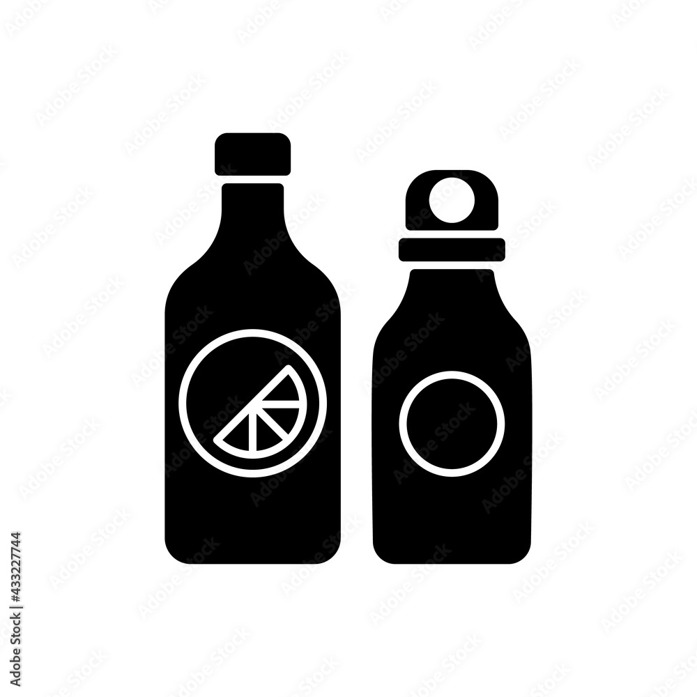 Branded water bottle black glyph icon. Designer create unique water holder for travelers. Fashion items to look modern and stylish. Silhouette symbol on white space. Vector isolated illustration Branded water bottle black glyph icon. Designer create unique water holder for travelers. Fashion items to look modern and stylish. Silhouette symbol on white space. Vector isolated illustration