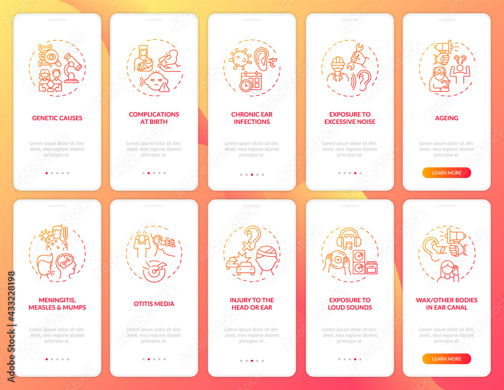 Hearing disorder causes onboarding mobile app page screen with concepts set. Ageing, trauma walkthrough 5 steps graphic instructions. UI, UX, GUI vector template with linear color illustrations